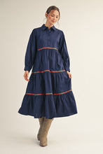 Load image into Gallery viewer, Stripe Tape Trim Accent Tiered Midi Dress