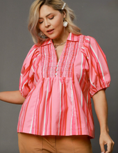 Load image into Gallery viewer, Coral Pink Stripe Smocked Top
