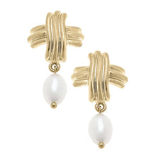 Load image into Gallery viewer, Serena Cross Pearl Drop Earrings: Two-Tone
