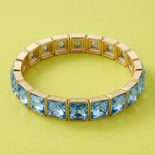 Load image into Gallery viewer, Enamel Stretch Bracelet - Square Gems - Gold w/ Blue Stones