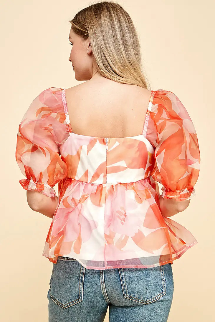 Orange Floral Organza Top