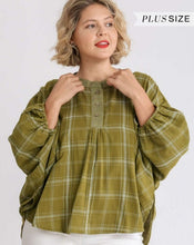 Load image into Gallery viewer, Olive Plaid Print Button Neck Top
