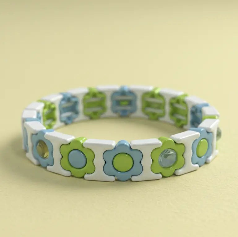 Enamel Stretch Bracelet - Flowers - Blue + Green w/ Gems