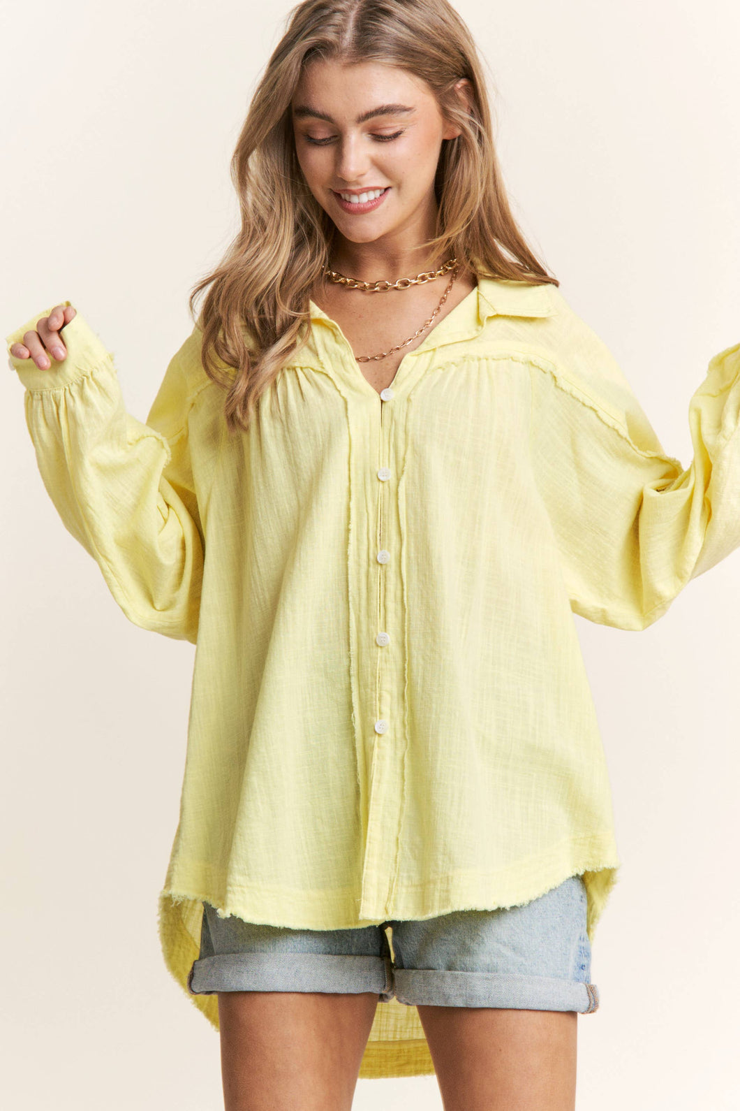 Lemon Raw Edge Button Up Top