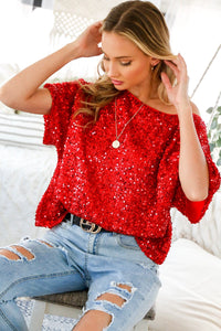 Red Sequin Dolman Sleeve Top