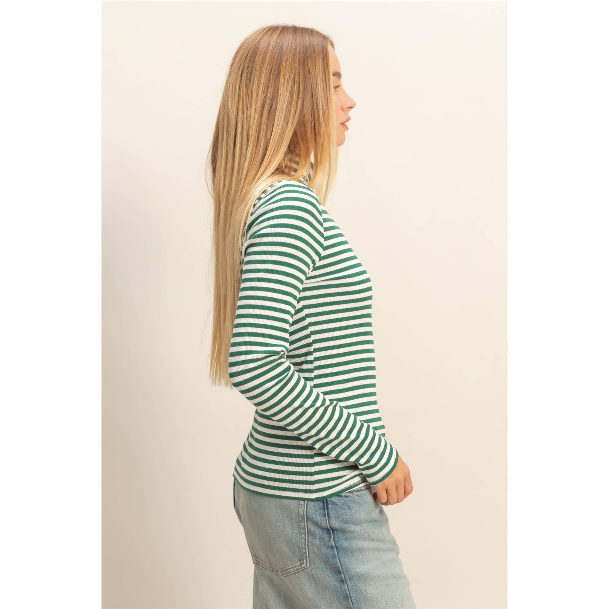 Green Striped Turtleneck Fitted Knit Top