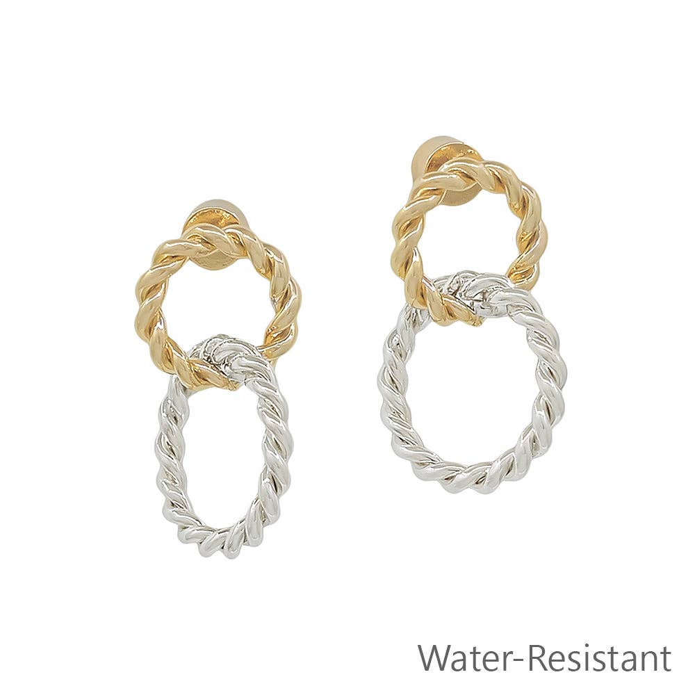 Water Resistant Gold and Silver Cable Double Linked Studded Earring