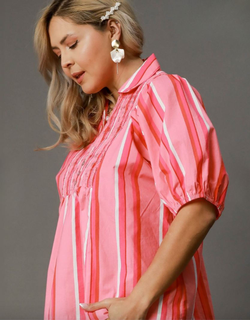 Coral Pink Stripe Smocked Top