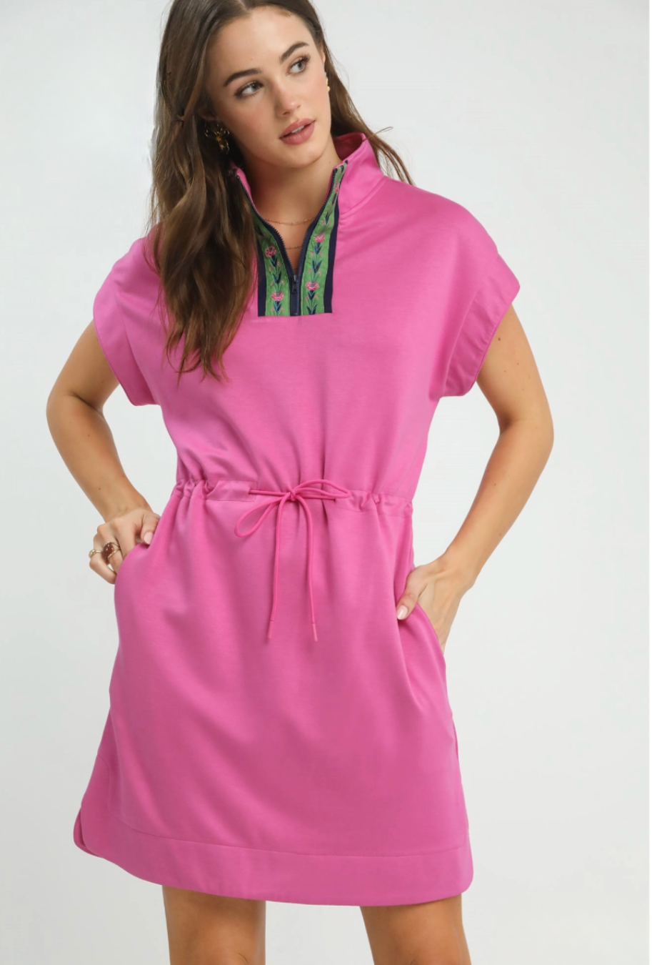 Pink Dolman Sleeve Zip Detail Dress