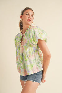 Lime Multi Floral Scalloped Neck Top