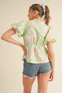 Lime Multi Floral Scalloped Neck Top