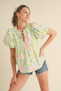 Lime Multi Floral Scalloped Neck Top