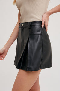 Front Pleated Faux Leather Skort