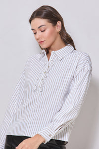 Taupe Stripe Frill Button Down