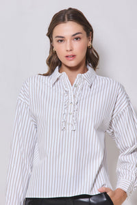 Taupe Stripe Frill Button Down