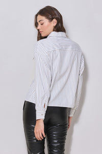 Taupe Stripe Frill Button Down