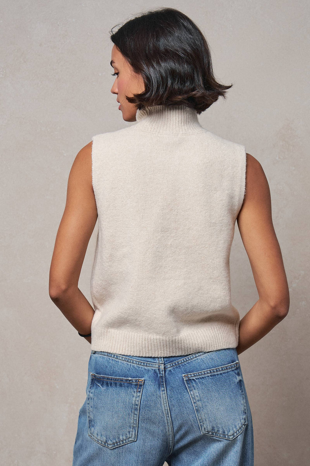 Crystal Embellished Sleeveless Mock Neck Knit Top