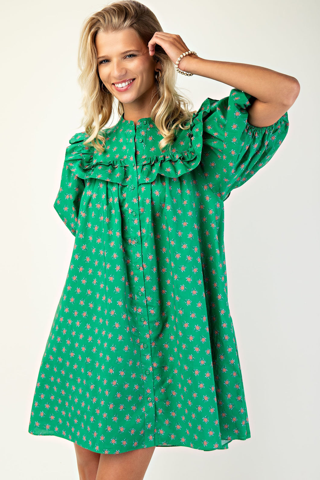 Green Flower Printed Mini Dress