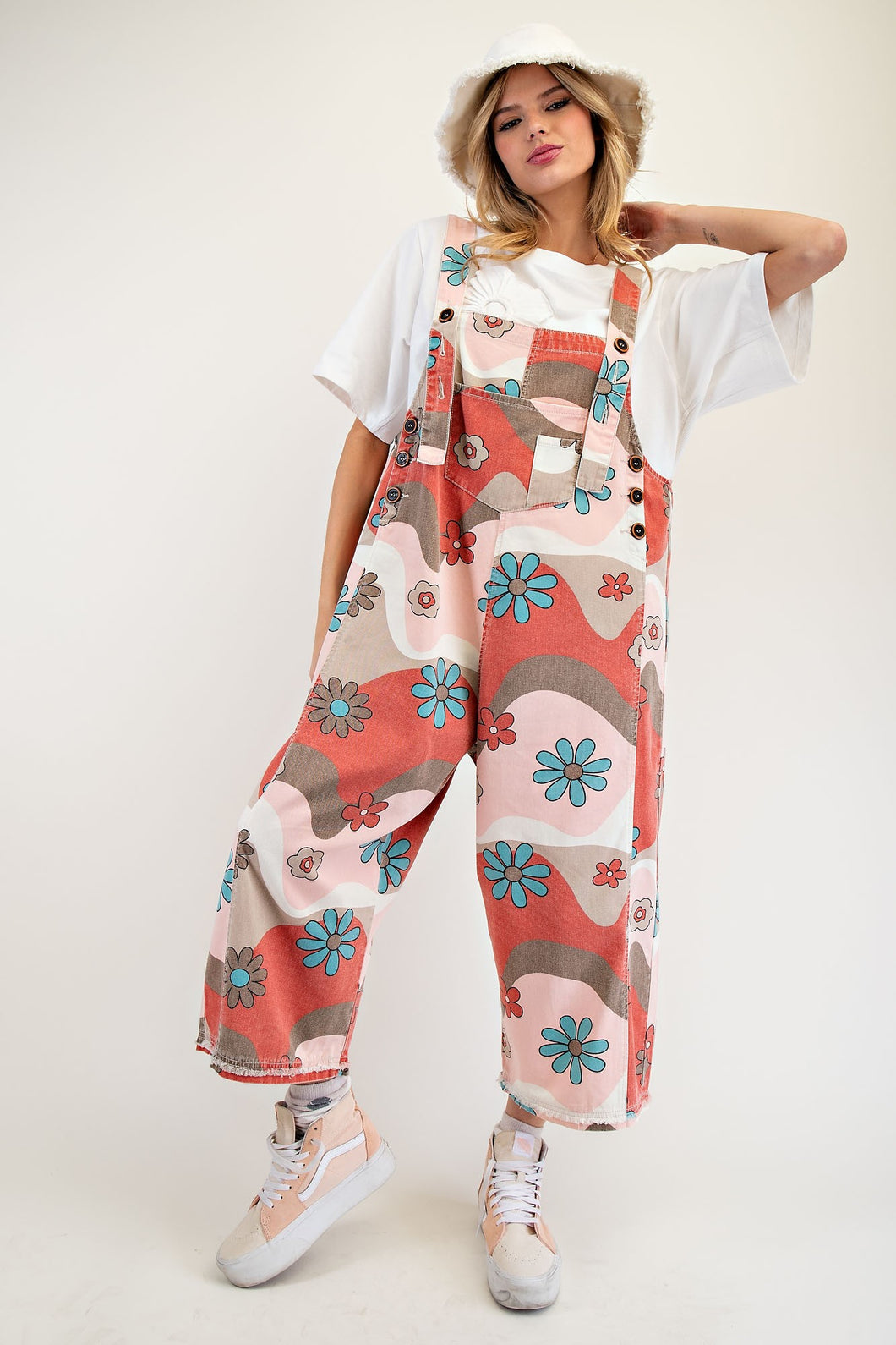 Flower Print Washed Overalls