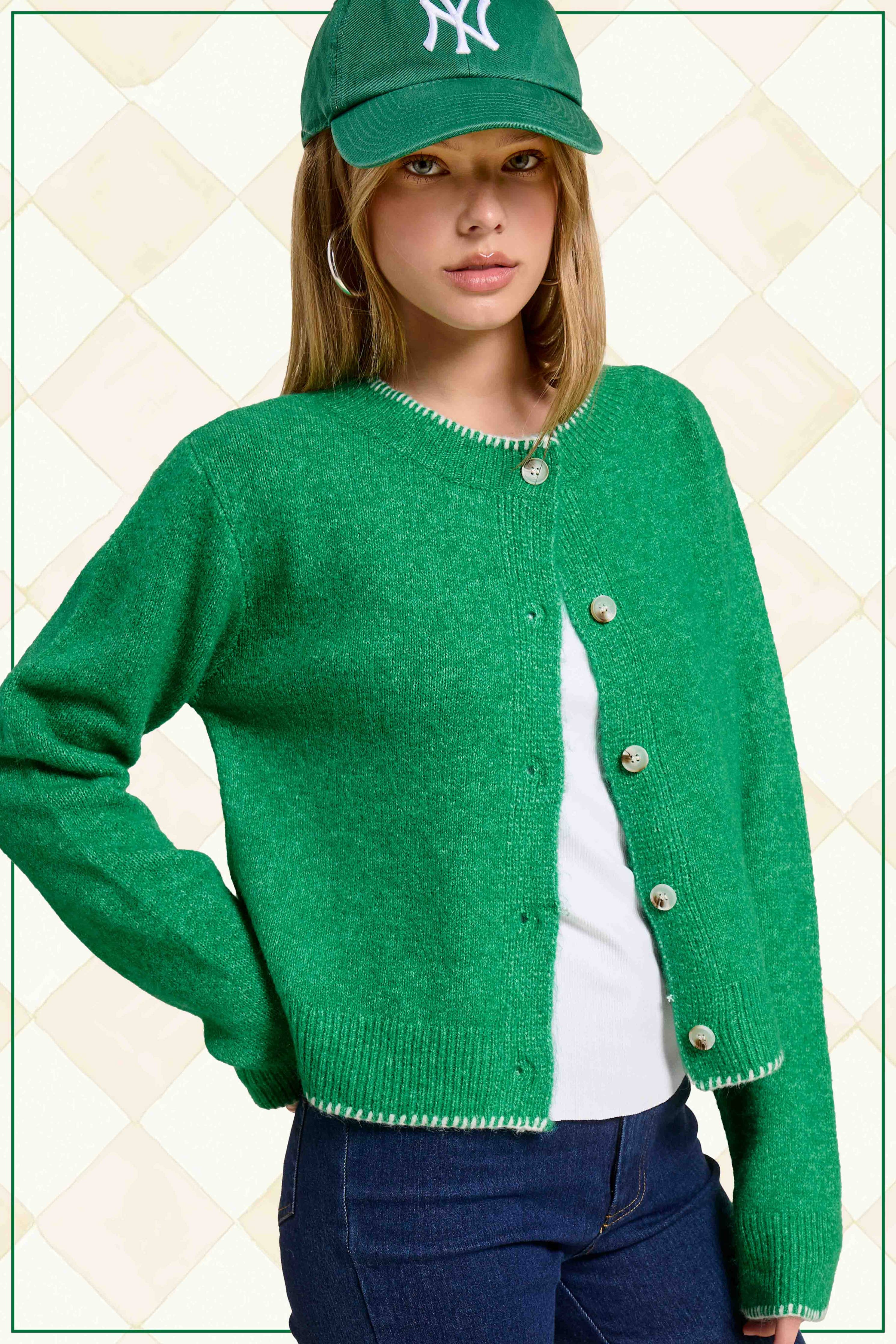 Blanket Stitch Green Fuzzy Cardigan