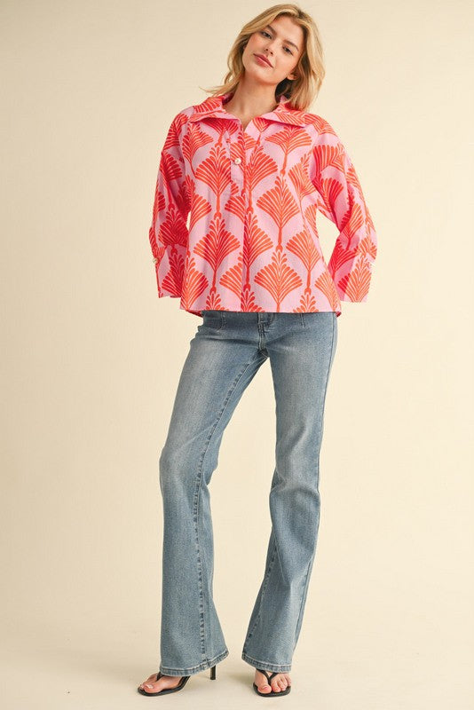 Orange Printed Collar Top