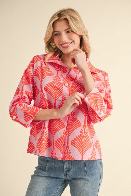 Orange Printed Collar Top