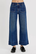 High Rise Crop Wide Leg Ruffle Band Jeans