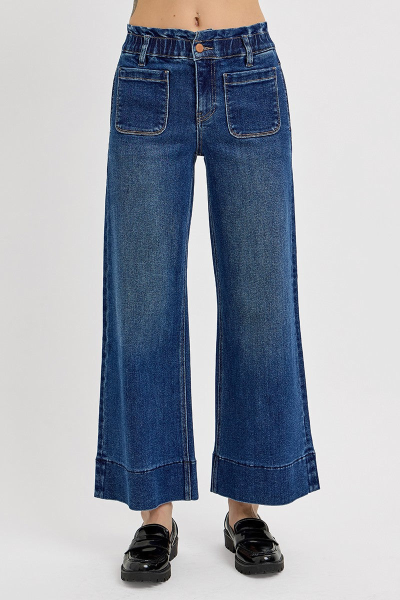 High Rise Crop Wide Leg Ruffle Band Jeans