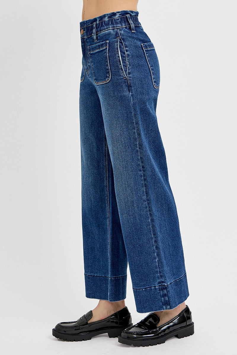 High Rise Crop Wide Leg Ruffle Band Jeans