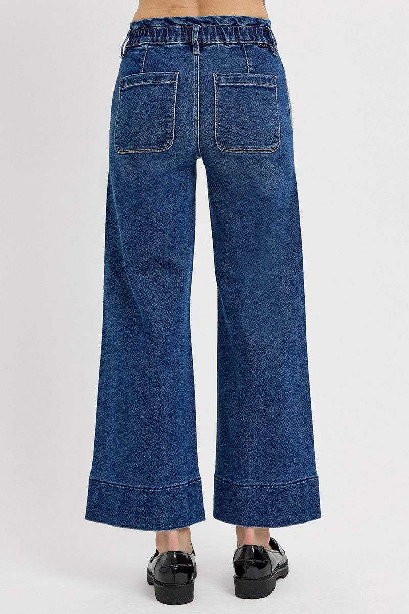 High Rise Crop Wide Leg Ruffle Band Jeans