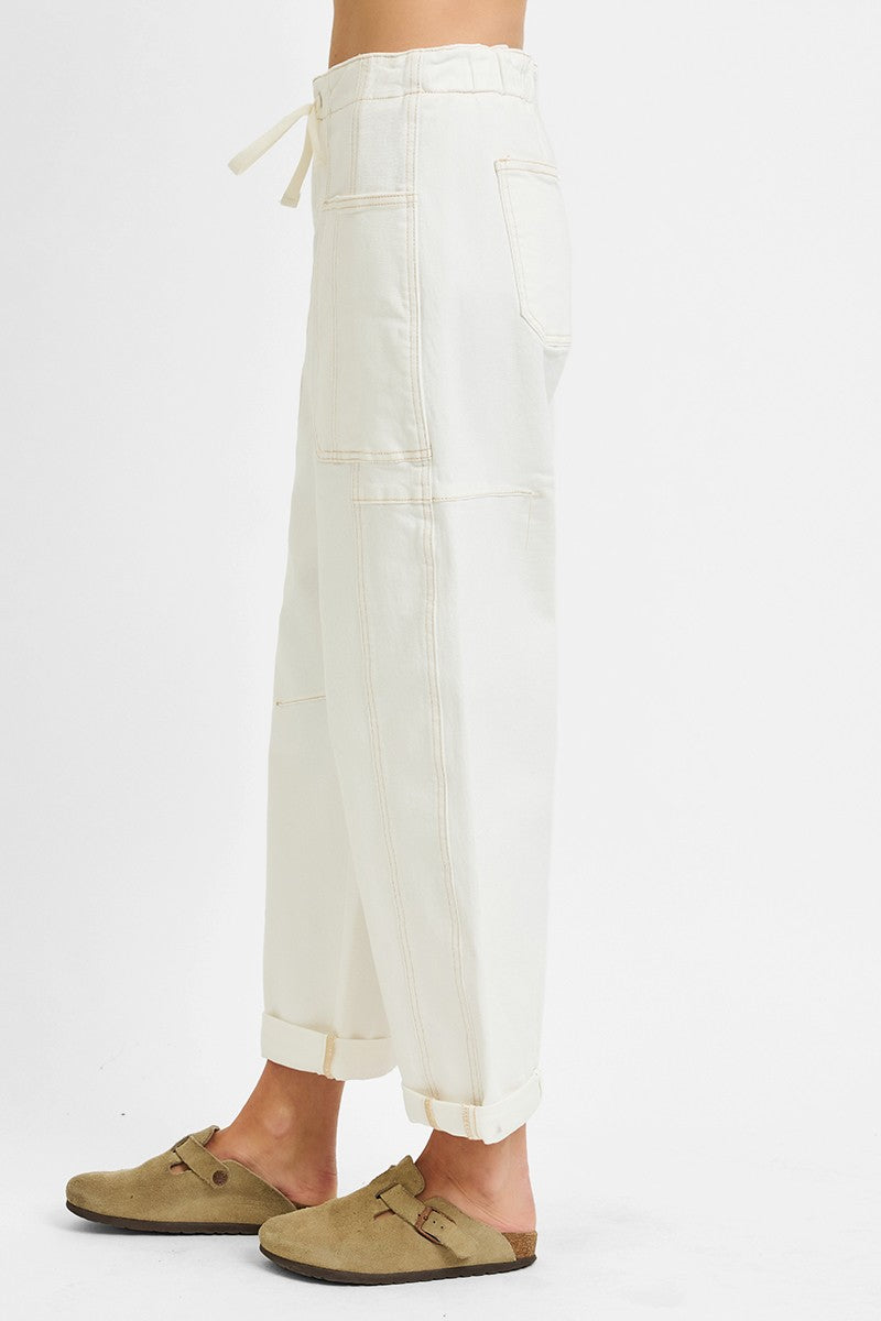 Cream High Rise Barrel Cargo Pant
