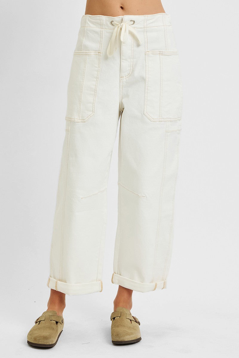 Cream High Rise Barrel Cargo Pant