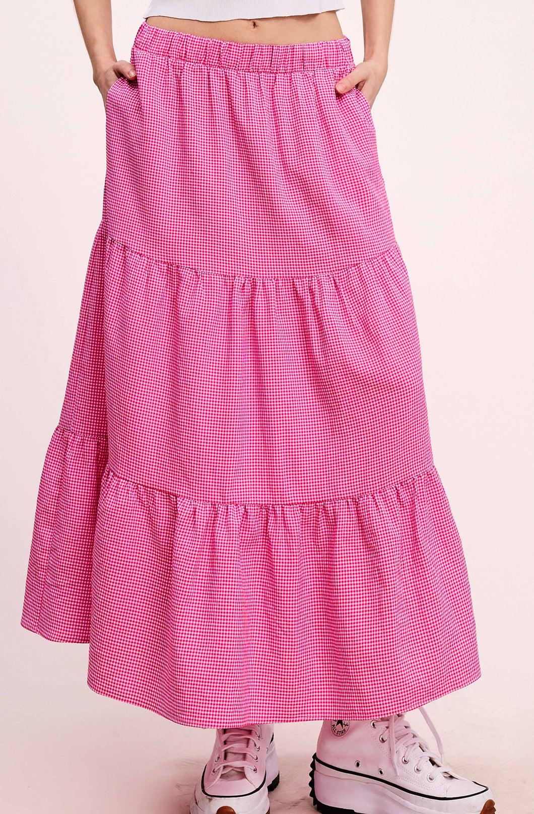 Bubble Pink Tiered Gingham Maxi Skirt