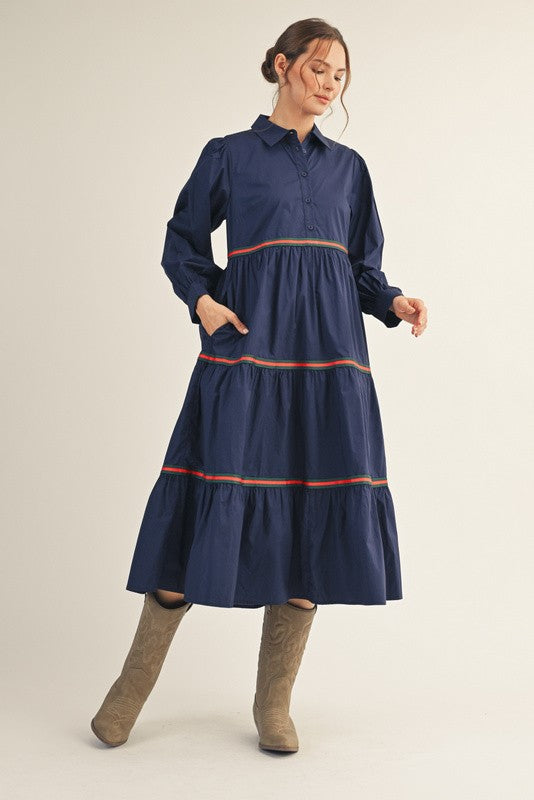 Stripe Tape Trim Accent Tiered Midi Dress