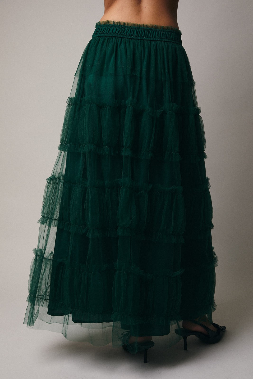 Frilled Tiered Mesh A-Line Midi Skirt