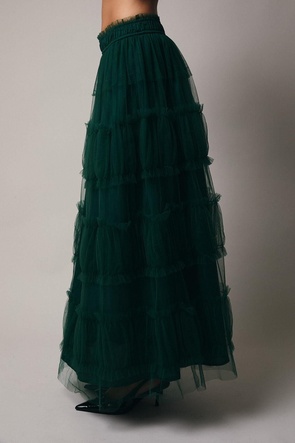 Frilled Tiered Mesh A-Line Midi Skirt