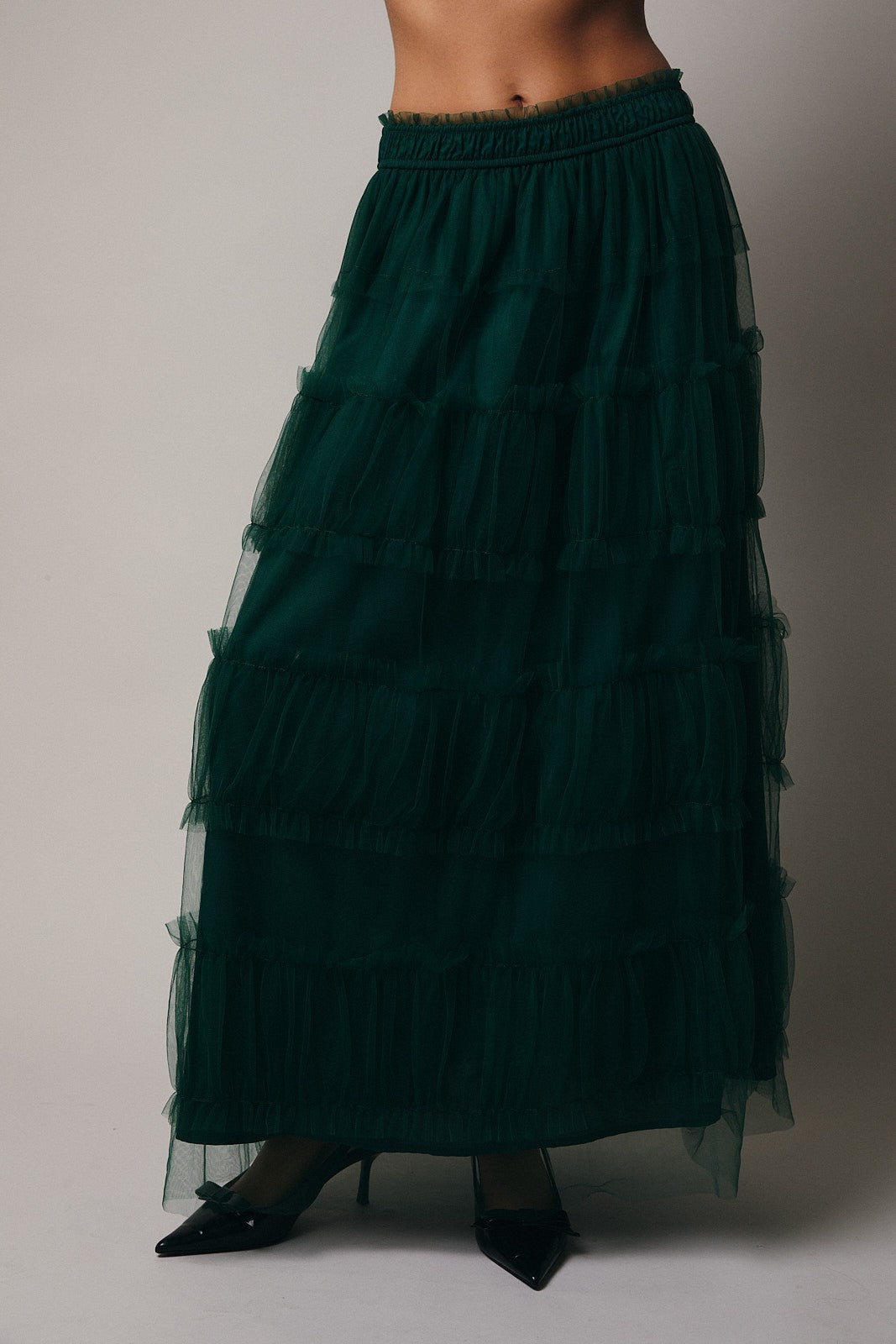Frilled Tiered Mesh A-Line Midi Skirt