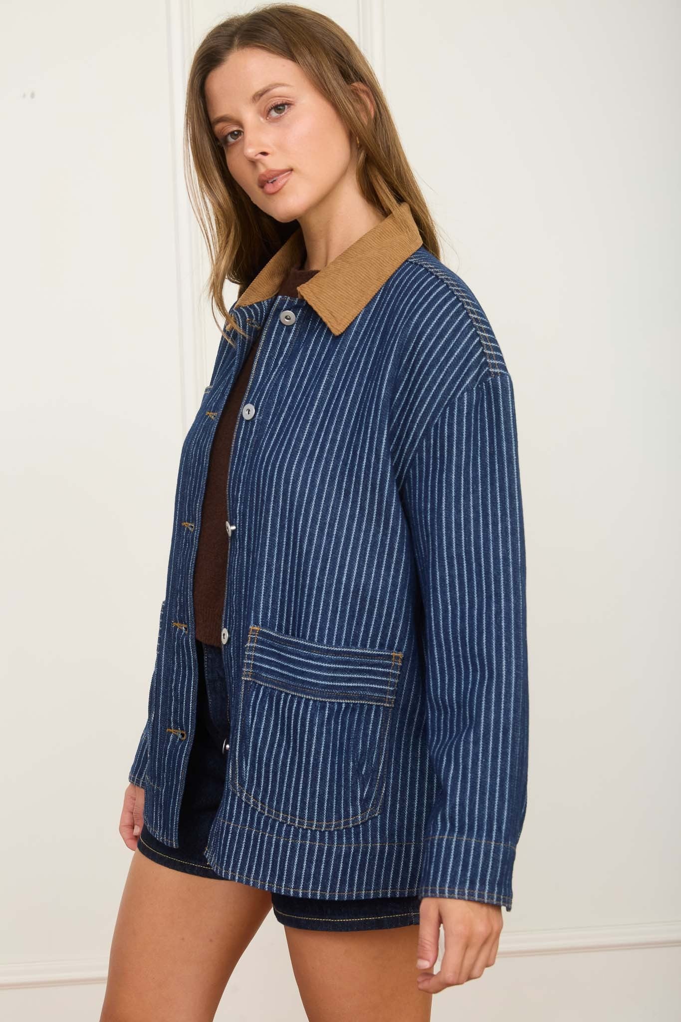 Stripe Corduroy Collar Denim Shacket
