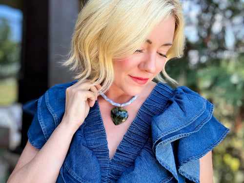 Blakely Thick Cord Necklace - Green Tortoise Heart Charm