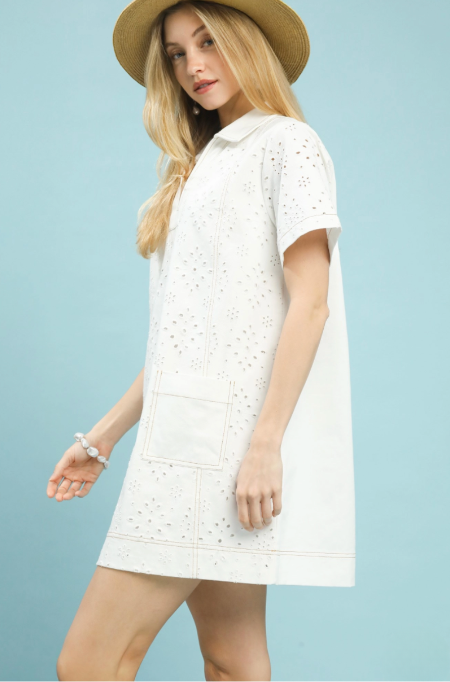 Eyelet Short Sleeve Shift Dress with Pocket