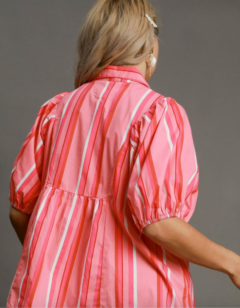 Coral Pink Stripe Smocked Top