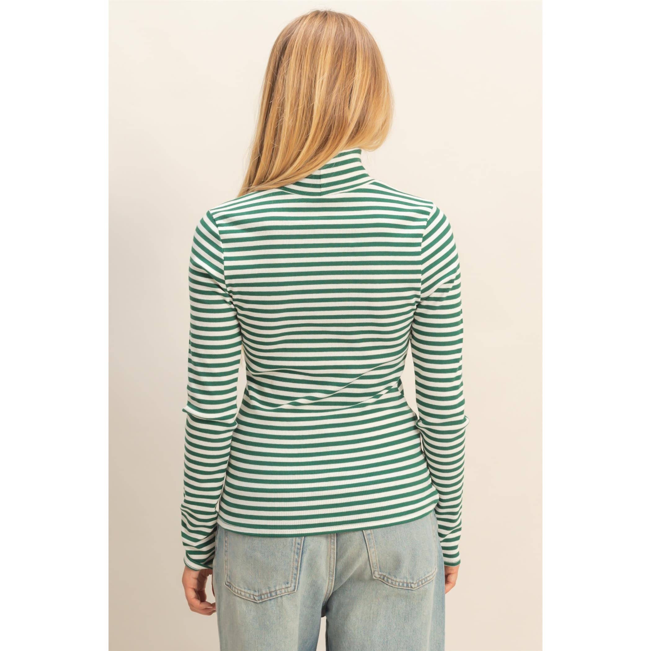 Green Striped Turtleneck Fitted Knit Top