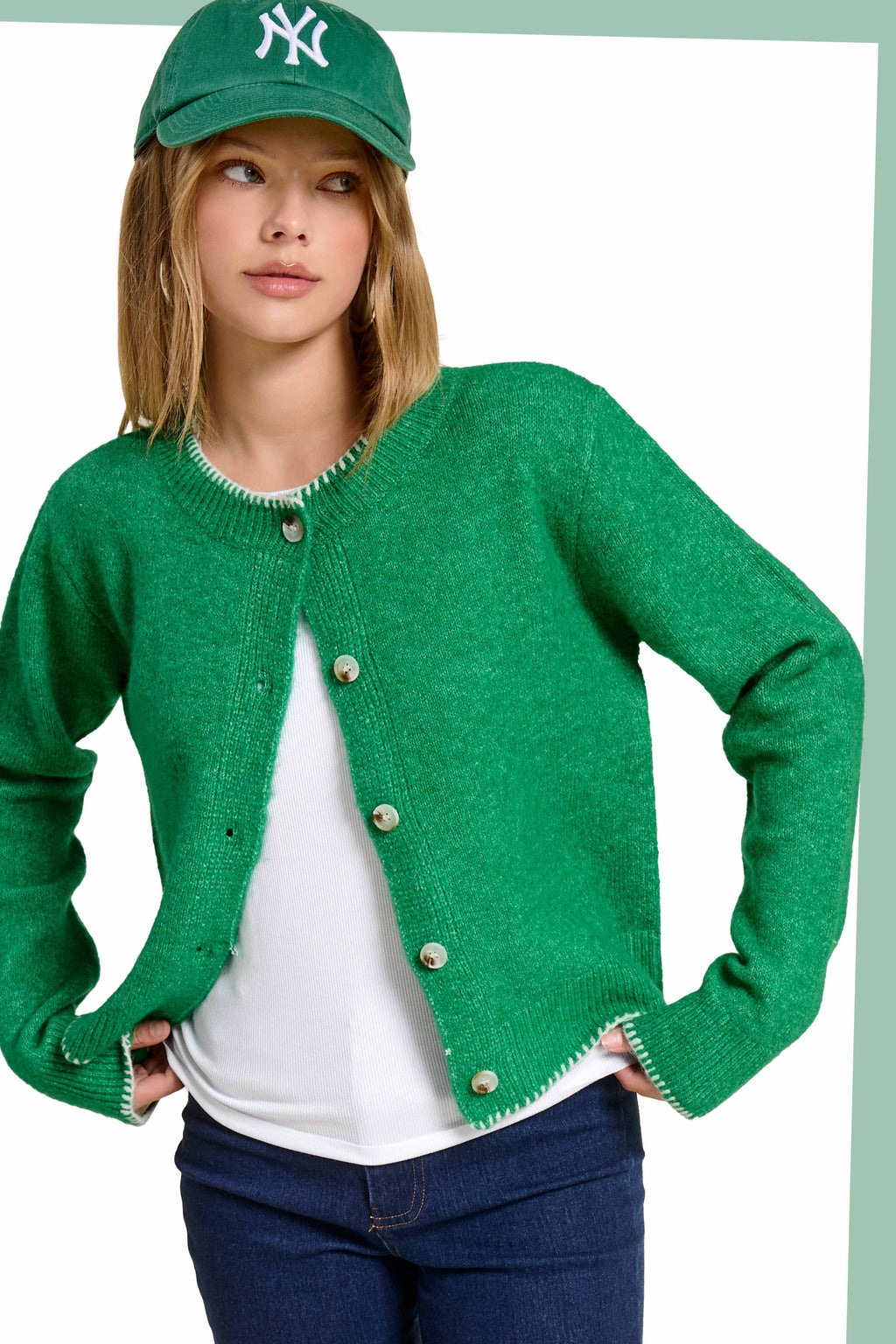 Blanket Stitch Green Fuzzy Cardigan