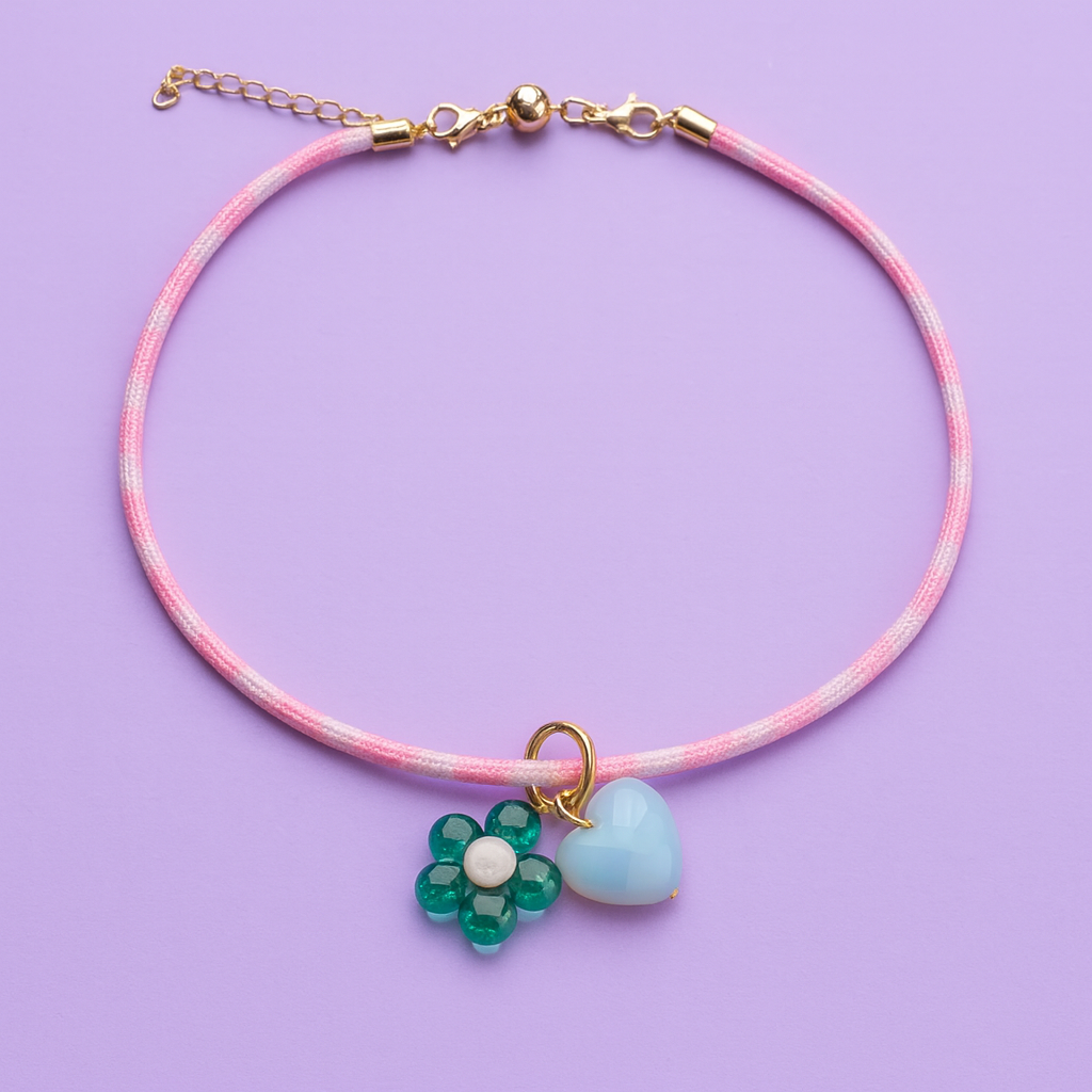 Blakely Cord Necklace - Pink w/ Flower + Heart Charms