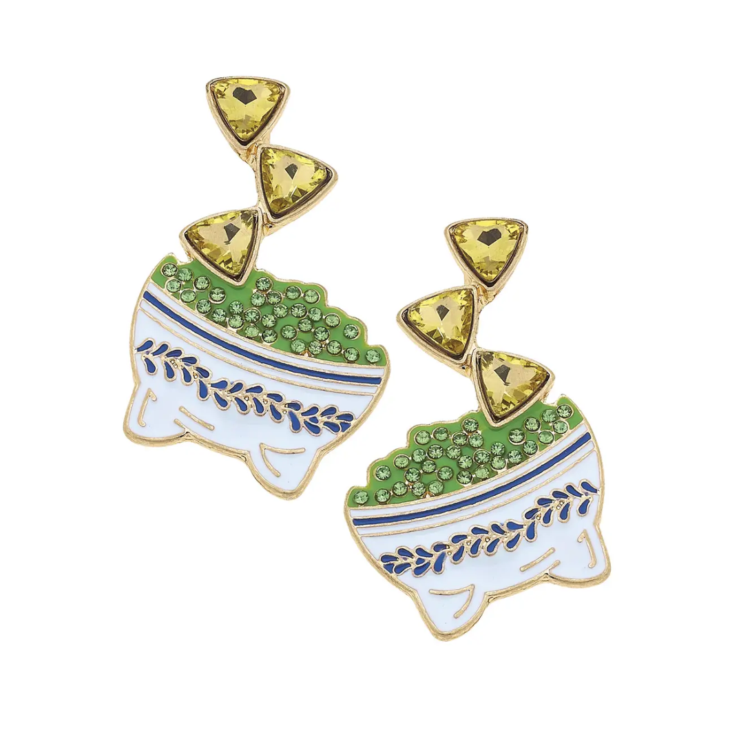 Rhinestone Enamel Chips & Guac Earrings in Green & White