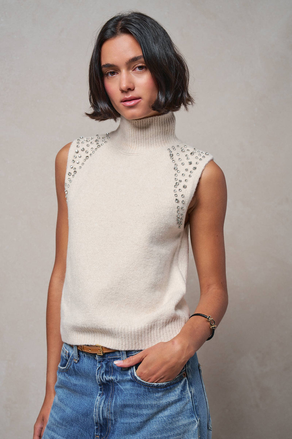 Crystal Embellished Sleeveless Mock Neck Knit Top
