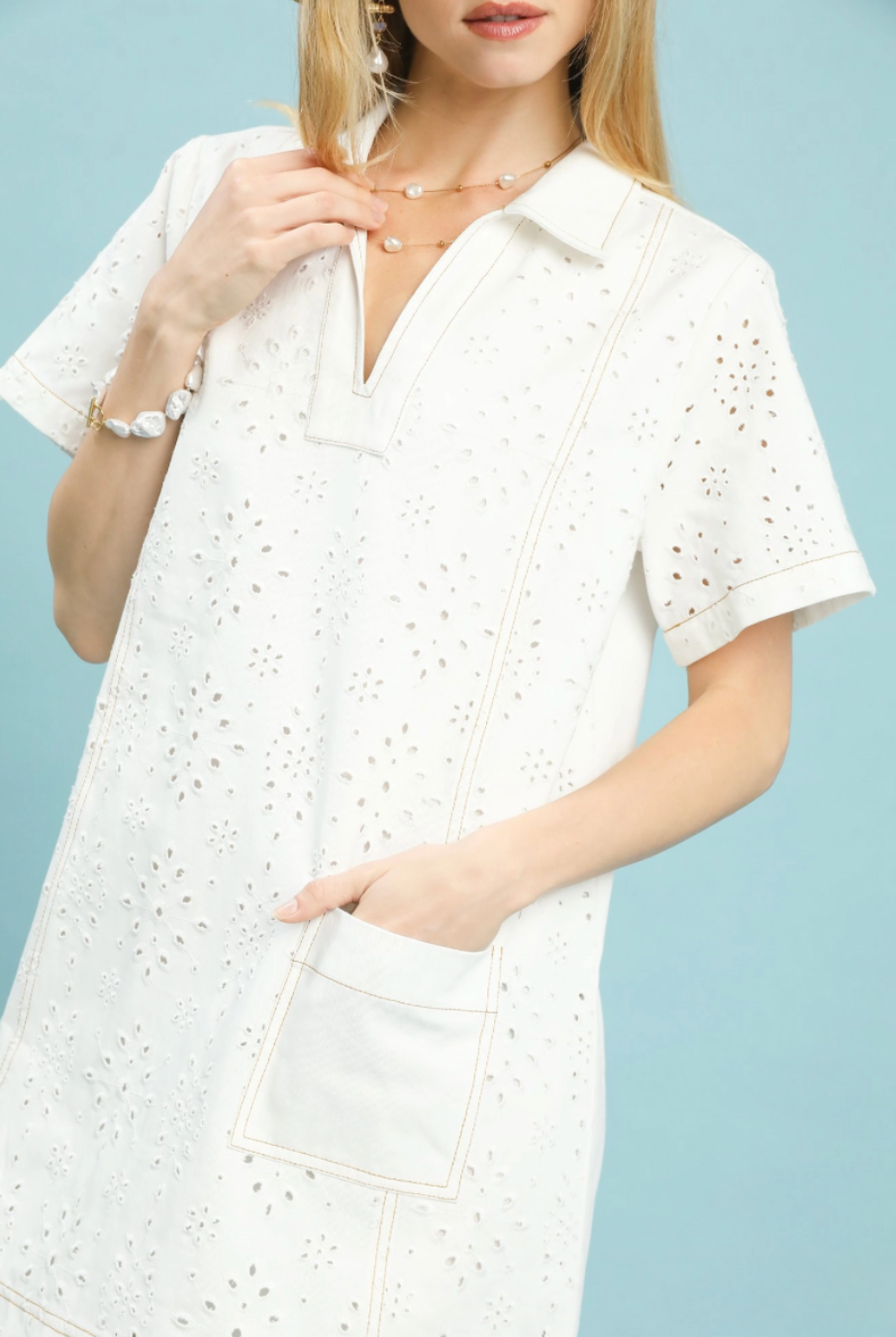 Eyelet Short Sleeve Shift Dress with Pocket