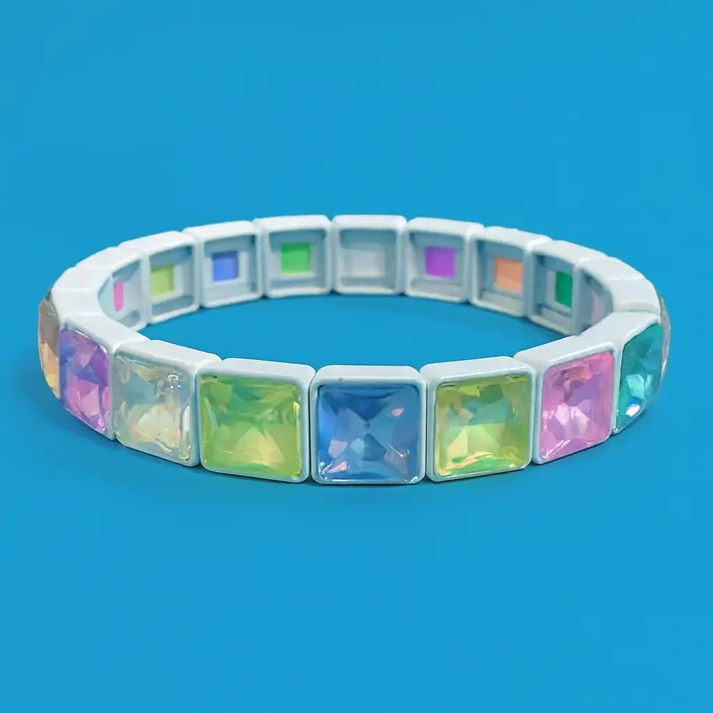 Enamel Stretch Bracelet - Square Gems - White w/ Multi-Colored Stones