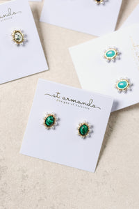 Green Malachite and Pearl Oval Stud Earrings