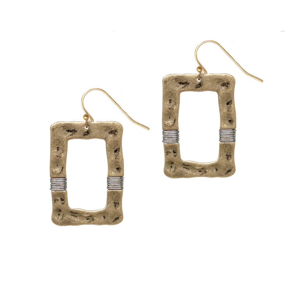 Hammered Rectangle Gold with Silver Wired Accent Earring